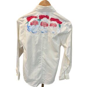 Ol Paint Handpainted Vintage White Button Down Christmas Holiday Shirt Sz S